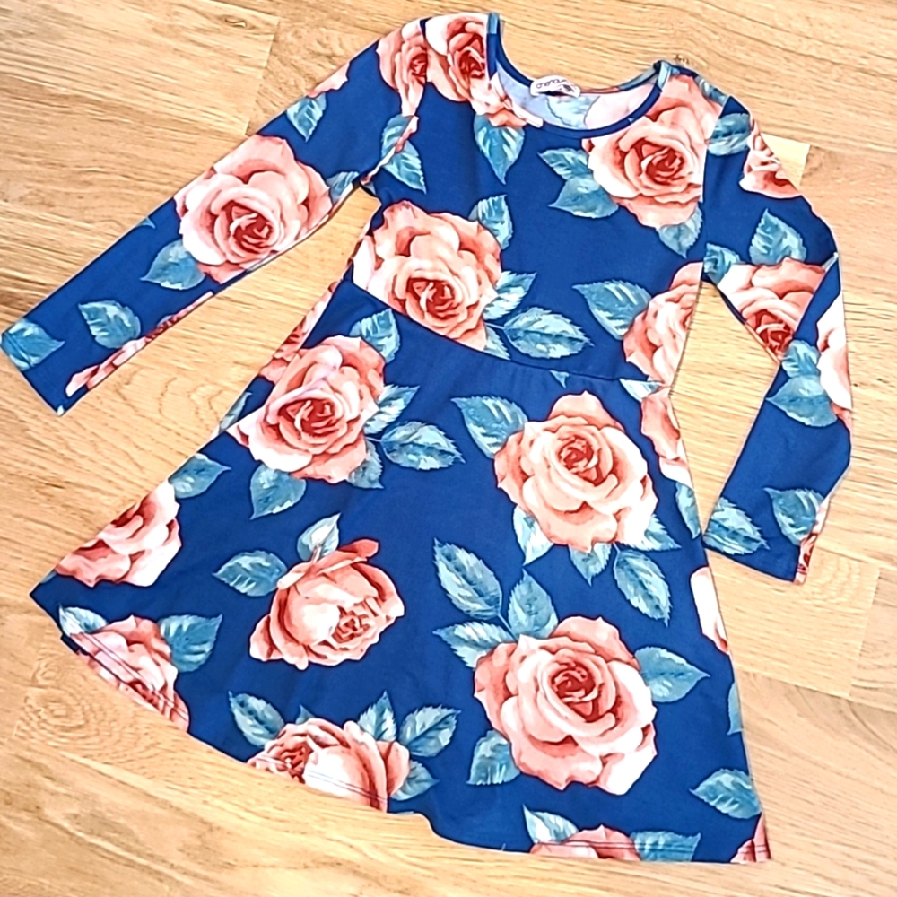 Girls Blue and Pink Floral Swing Dress